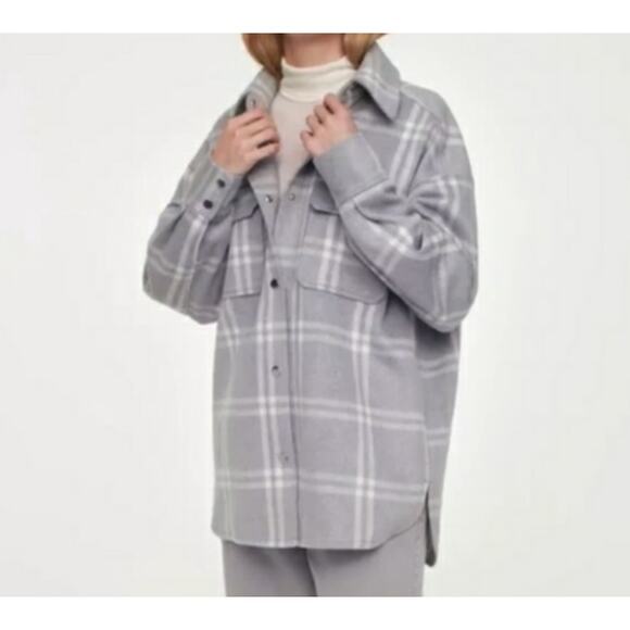 H&M Gray Plaid Felt Button Down Shirt Shacket Jacket Size XS - Picture 7 of 9